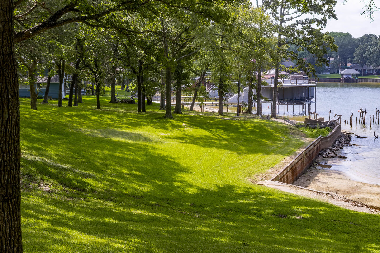 The lawn sweeping down to the water